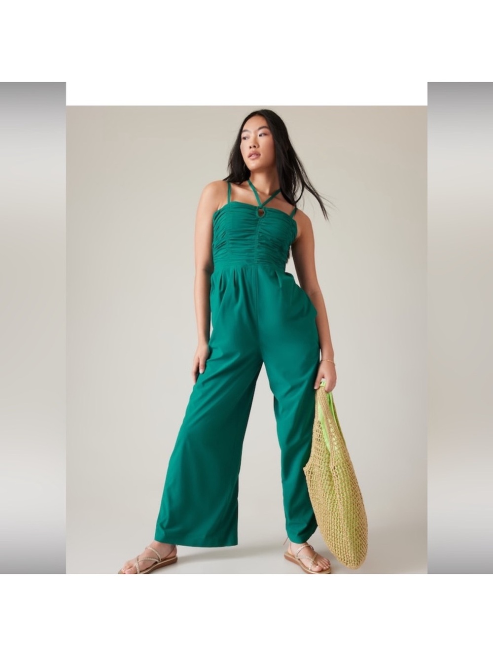 Athleta Emerald Green Ruched Bodice Wide-Leg Jumpsuit
